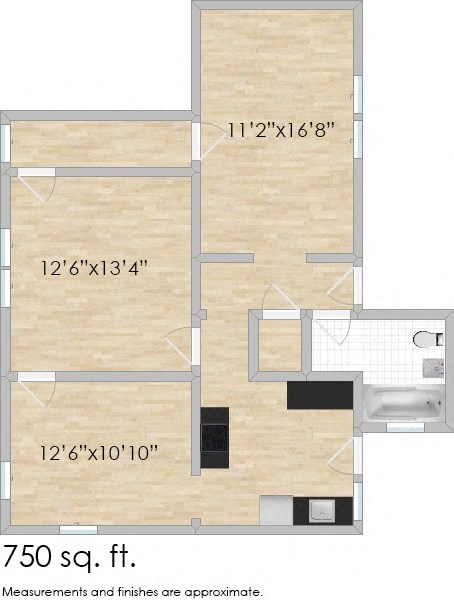 Floor plan for 1 bed, 1 bath, 839 sqft